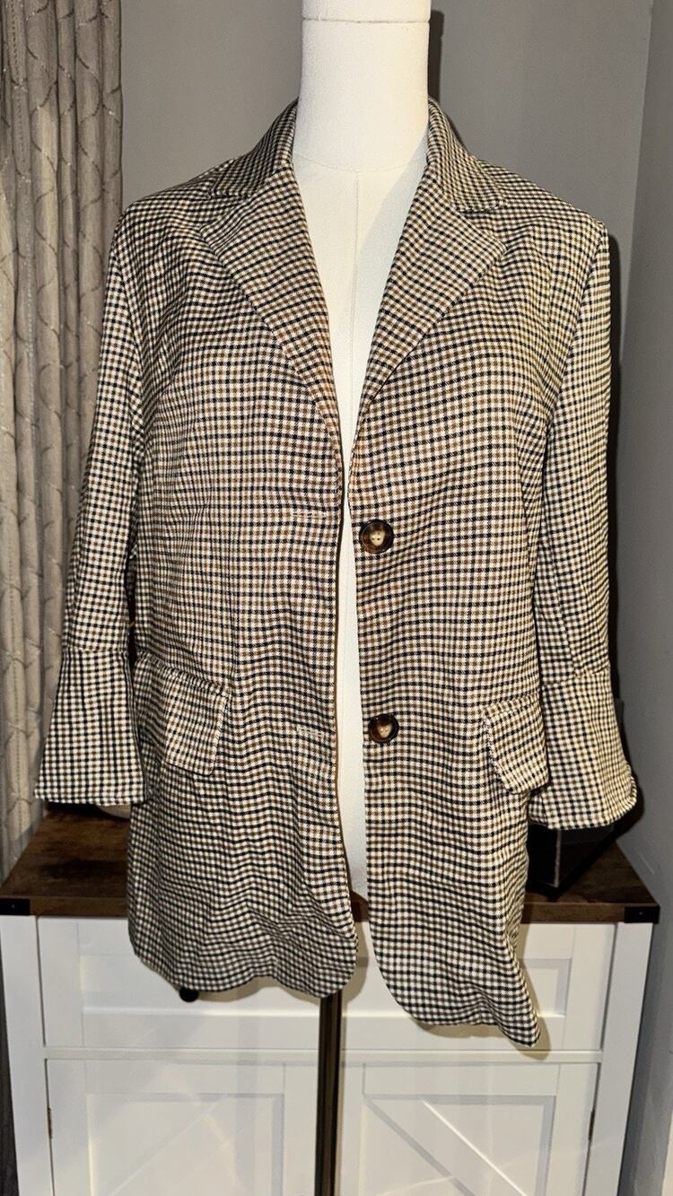 Kohls Fashion Womens Blazer M Brown Black Houndstooth Plaid Long Jacket NWT